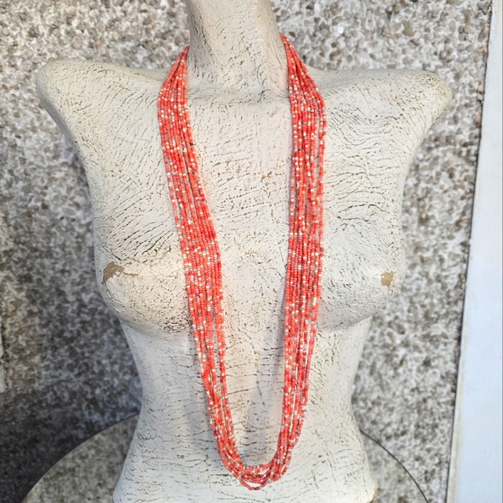Vintage Long Coral multi strand seed bead necklace